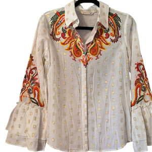Soft Surroundings XS Cotton Boho ruffle bell sleeve emboirdered STUNNING!